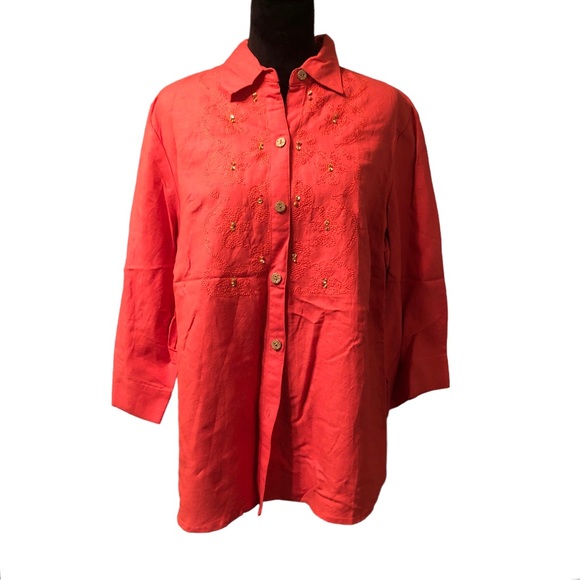 Clothes Woman Coral Button Down Blouse size 1X - Picture 2 of 8